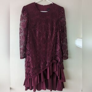 Vintage Lace Wine Dress Sz 14 Floral Lace Overlay Layered Ruffles 3D Rose Fairy